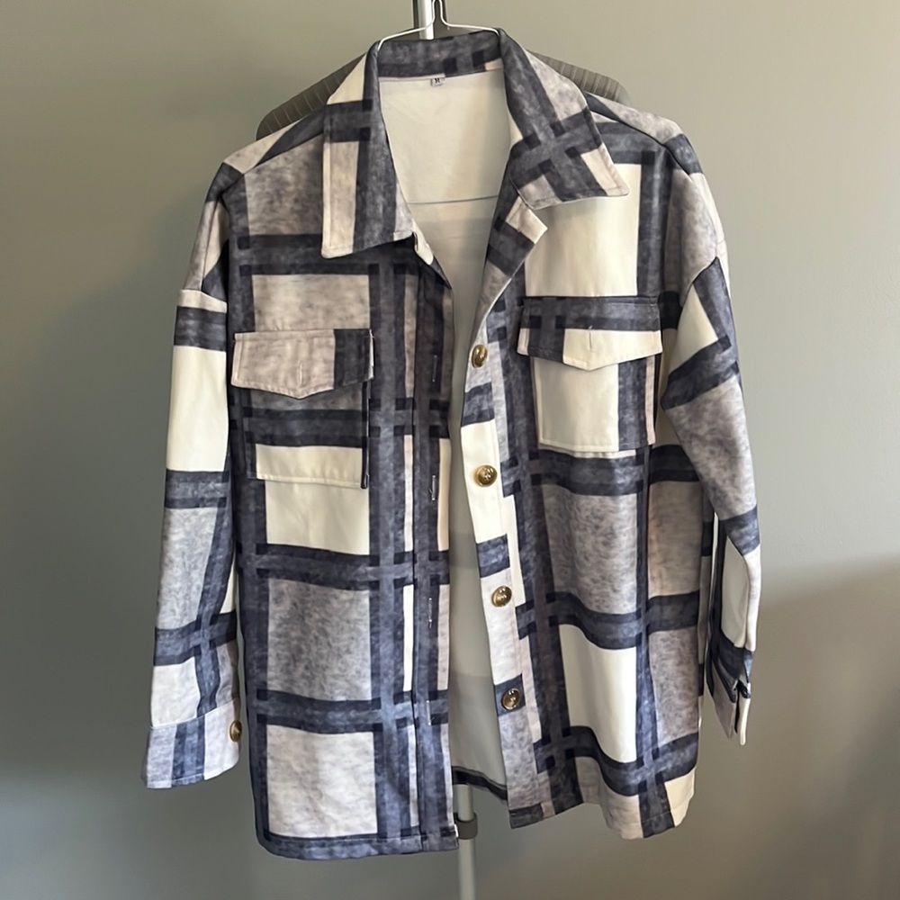 Purchased on Amazon, blue and white checkered shacket - medium